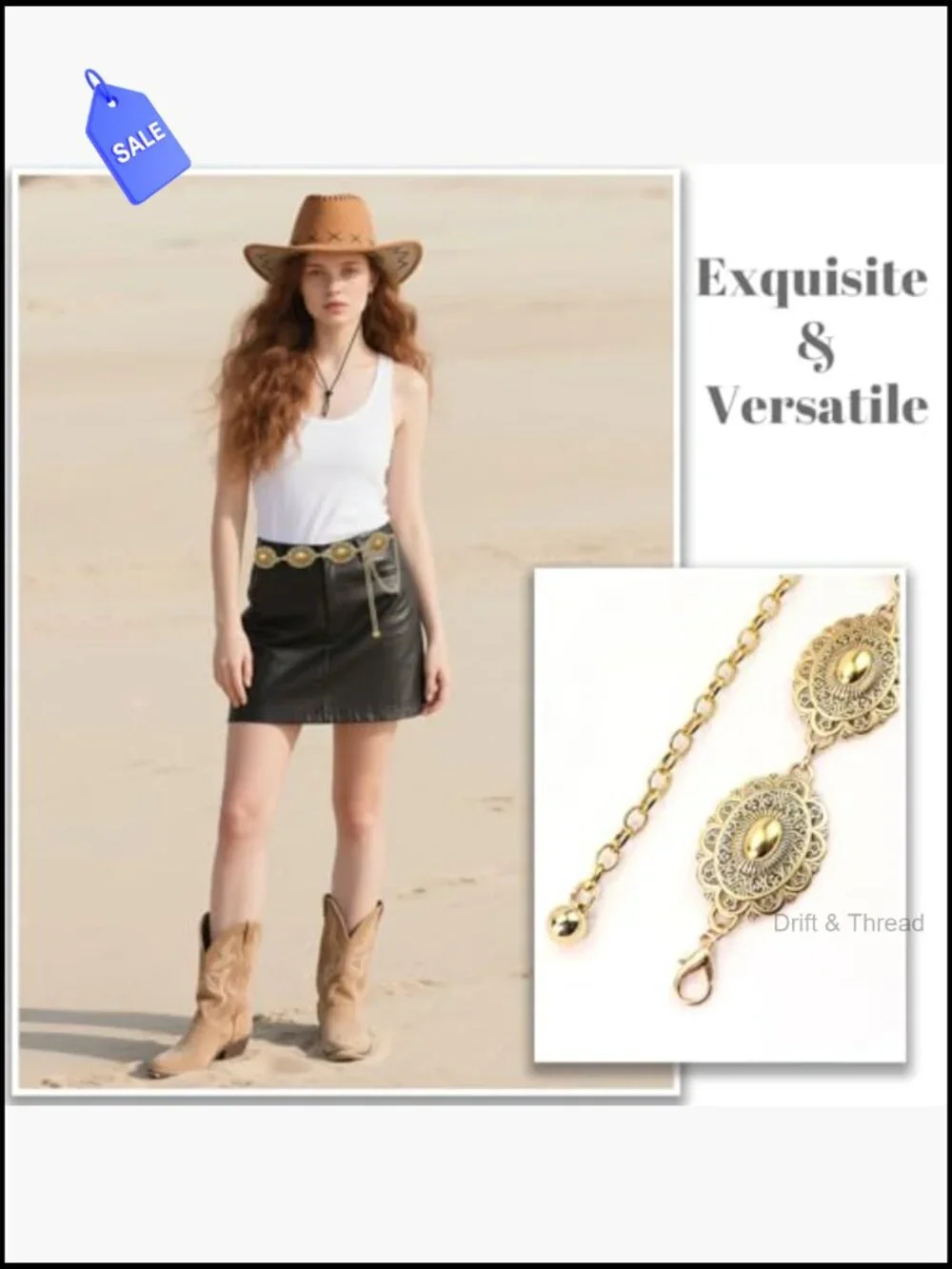 Western Concho Chain Belt for Women Boho Metal Belt Country Concert Cowgirl